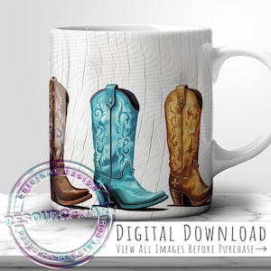 Country Cowgirl Boots Mug Wrap Design, 11oz 12 oz & 15 ounce sublimation template, 11 oz 12oz + 15oz coffee cup press, western boho png, POD