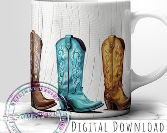 Country Cowgirl Boots Mug Wrap Design, 11oz 12 oz & 15 ounce sublimation template, 11 oz 12oz + 15oz coffee cup press, western boho png, POD