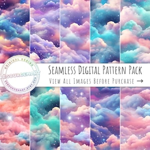 Cotton Candy Clouds Seamless Patterns, pastel sky digital paper, digital fabric prints, card invite design element, baby kids photo backdrop