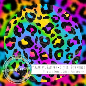 Puede incluir: Un gráfico digital circular que presenta un vibrante patrón de leopardo arcoíris con manchas negras. El diseño incluye un logotipo de marca de agua circular y el texto Seamless Pattern Digital Download View All Images Before Purchase.