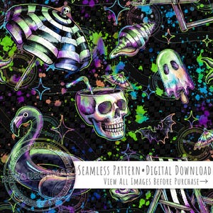 May include: Seamless digital pattern with a black background featuring a variety of spooky summer-themed illustrations. Includes a skull-shaped cup, a flamingo float, a ghost popsicle, and a beach umbrella. The design is accented with neon colors and the text "SEAMLESS PATTERN • DIGITAL DOWNLOAD".