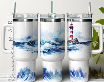 Arquivo de design de envoltório de copo de farol de aquarela de 40 onças, prensa de modelo de copo Stanley Quencher de 40 onças, sublimação náutica, costeiro png