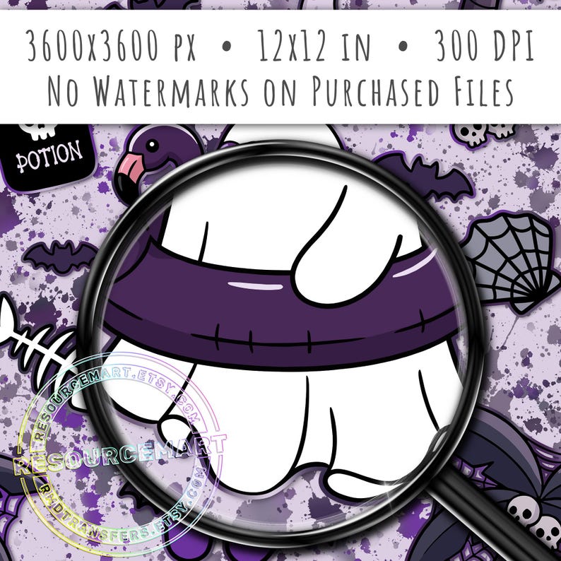May include: A Halloween-themed digital design featuring a cartoon ghost with a purple collar, viewed through a magnifying glass. The background includes bats, spiderwebs, and the word "POTION". The image is 12x12 inches and 300 DPI.