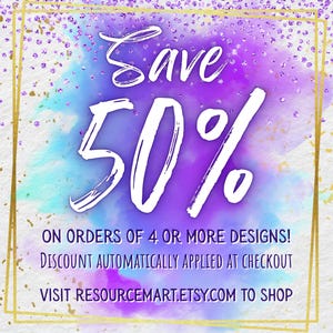 The image is a promotional graphic for an online marketplace, featuring a purple and blue background with glittery accents. The main text announces a 50% discount on orders of 4 or more designs, and provides a website address for customers to visit to shop.