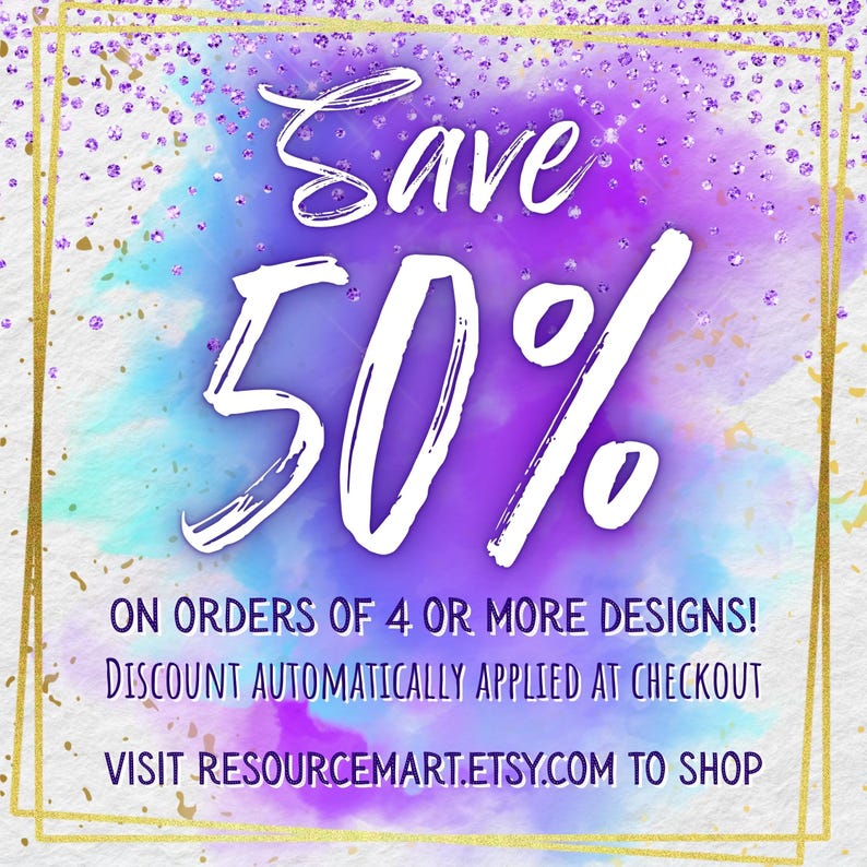 The image is a promotional graphic for an online marketplace, featuring a purple and blue background with glittery accents. The main text announces a 50% discount on orders of 4 or more designs, and provides a website address for customers to visit to shop.
