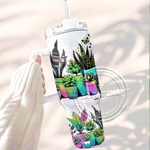 40oz Crazy Plant Lady Tumbler Wrap Design, 40 ounce stanley quencher sublimation template, 40 oz summer neon funny houseplant plant mom png image 4