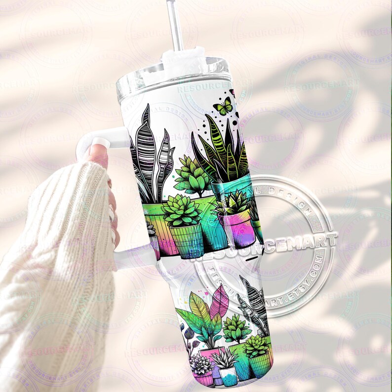 40oz Crazy Plant Lady Tumbler Wrap Design, 40 ounce stanley quencher sublimation template, 40 oz summer neon funny houseplant plant mom png image 4
