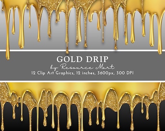Gold Drip Clip Art, metallic & glittery clip art, luxe glam borders, transparent, png, print on demand, commercial license included