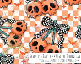 Skull Cherries Seamless Pattern, Orange Halloween Coquette Cherry Retro Checker Bow on grunge checkerboard print seamless file digital paper