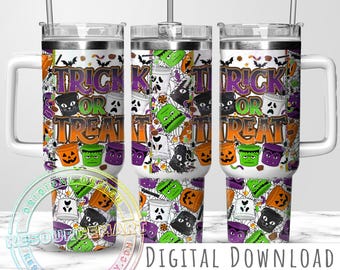 Halloween Trick or Treat 40oz Tumbler Wrap Design,  spooky horror retro candy pails buckets sublimation 40 ounce stanley cup