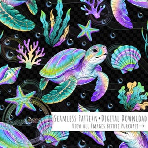 Può includere: Un motivo digitale senza cuciture con una tartaruga marina, stelle marine, conchiglie e coralli nei toni del viola, verde acqua e verde. Il design include bolle e il testo "SEAMLESS PATTERN • DIGITAL DOWNLOAD VIEW ALL IMAGES BEFORE PURCHASE →".