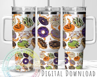 Halloween Donuts 40oz Tumbler Wrap Design, orange bats background, jack o lantern mummy bats & witch 40 ounce stanley cup sublimation png