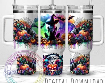 Halloween Witch 40oz Tumbler Wrap Design, kolorowy neonowy halloween 40 oz uncji stanley cup sublimacja png, upiorny sezon uchwyt kubka