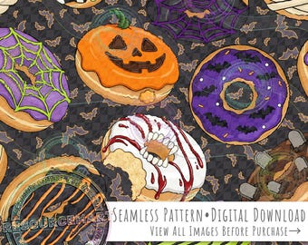 Halloween Donuts Seamless Pattern, spooky sweets on charcoal background seamless file, jack o lantern mummy bats vampire witch digital paper