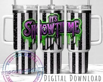 To Showtime Seamless 40oz Tumbler Wrap Design, brokatowy neonowy Halloween 40 oz uncji Stanley Cup sublimacja png, upiorny sezon uchwytu kubka