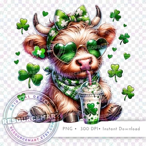 Cute St Patrick's Baby Highland Cow PNG Graphic File, Print on Demand, green shamrock shake sublimation t-shirt tee & sweatshirt design