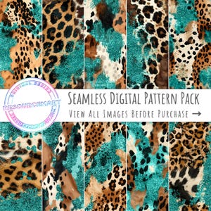 Seamless Turquoise Glitter and Wild Hide Digital Paper, cheetah scrapbook pages, leopard wallpaper, western background, cowhide textures POD