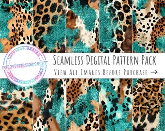 Seamless Turquoise Glitter and Wild Hide Digital Paper, cheetah scrapbook pages, leopard wallpaper, western background, cowhide textures POD