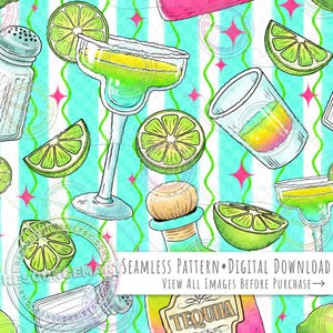 May include: Seamless pattern featuring margarita cocktails, lime slices, a tequila bottle, and a salt shaker. The design includes the text "SEAMLESS PATTERN • DIGITAL DOWNLOAD" and "VIEW ALL IMAGES BEFORE PURCHASE →" on a turquoise and white striped background with pink star accents.