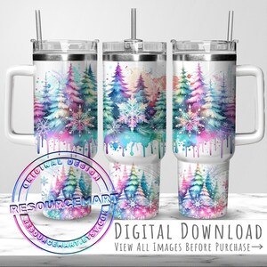Pastel Winter Pine Trees & Snowflakes 40oz Tumbler Wrap Sublimation Design, cute colorful Christmas season 40 oz ounce handle stanley cup