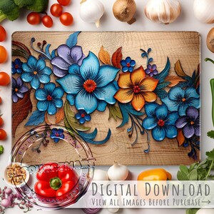 Carved Flowers on Wood Glass Sublimation Cutting Board Design, large template png spring summer kitchen decor, print on demand download file