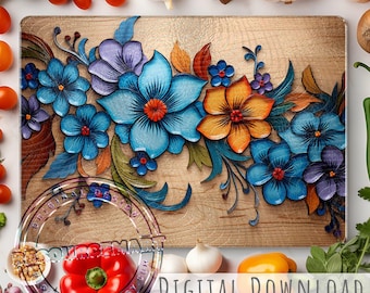 Carved Flowers on Wood Glass Sublimation Cutting Board Design, large template png spring summer kitchen decor, print on demand download file