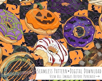 Halloween Donuts Seamless Pattern, orange retro checker background seamless file, jack o lantern mummy bats vampire & witch digital paper