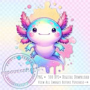 Simpatico design PNG di un axolotl per sublimazione, grafica per t-shirt estiva dai colori pastello, stampabile per biglietti fai da te o decorazioni per feste, borsa tote per bambini con axolotl dai colori pastello