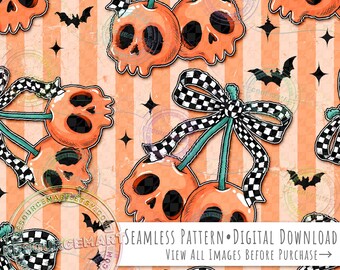 Skull Cherries Seamless Pattern, Orange Halloween Coquette Cherry Retro Checker Bow on grunge stripes seamless file digital paper