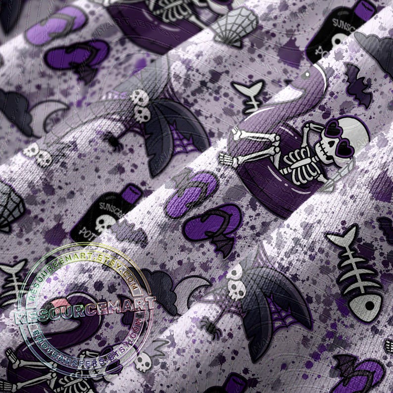 May include: A light purple fabric with a repeating pattern of skeleton figures, bats, flip-flops, and bottles. The skeleton figures are wearing sunglasses and relaxing on inflatable floats. The design includes splashes of purple and gray.