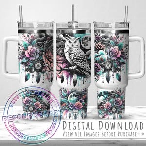 Seamless 40oz Tumbler Wrap Design, pastel boho owl sublimation 40 ounce stanley quencher handle cup, 40 oz floral celestial dreamcatcher