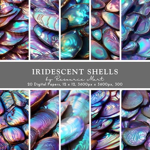 Paquete de papel digital 3D Iridescent Shells, páginas de scrapbooking o diario basura, diseños de sublimación, patrones de vibraciones oceánicas estéticas de sirena