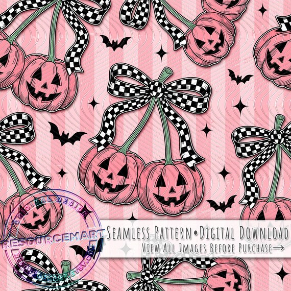 Halloween Pumpkin Cherries seamless pattern design, jack o lantern black white checkered bows sublimation distressed stripe fabric print png