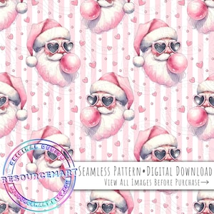Könnte beinhalten: Nahtloses Muster mit Weihnachtsmann-Gesichtern mit herzförmigen Sonnenbrillen und rosa Kaugummi. Das Design umfasst rosa Herzen und Streifen auf weißem Hintergrund. Der Text "SEAMLESS PATTERN • DIGITAL DOWNLOAD" ist ebenfalls sichtbar.