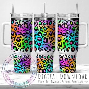 40oz Neon Leopard Tumbler Wrap Design, 40 ounce stanley quencher cup sublimation template, 40 oz 90s nostalgia colorful cheetah print png