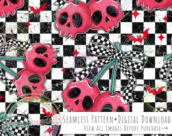 Skull Cherries Seamless Pattern, Halloween Coquette Cherry Retro Checker Bow on grunge checkerboard print seamless file digital paper