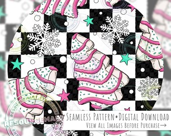 Christmas Tree Cake Seamless Pattern, holiday food seamless file digital paper, pastel pink & mint sweets on retro checker nostalgic print