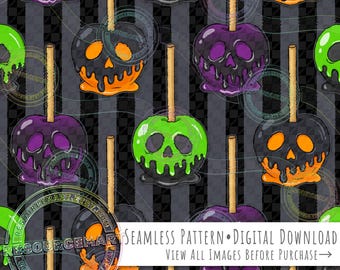 Halloween Candy Apples Seamless Pattern, spooky haunted poison apples on dark goth stripes background seamless file digital paper