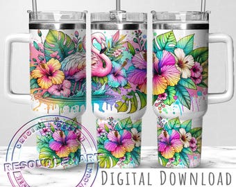 Bicchiere da 40 once con motivo fenicottero rosa tropicale, Stanley Cup da 40 once, pressa per sublimazione Stanley Quencher, manico da 40 once, estate colorata png