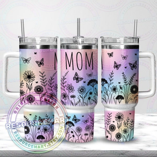 Seamless 40oz Tumbler Wrap Mom Pastel Wildflowers & Butterflies Design, 40 ounce stanley quencher sublimation press, 40 oz Mothers Day gift