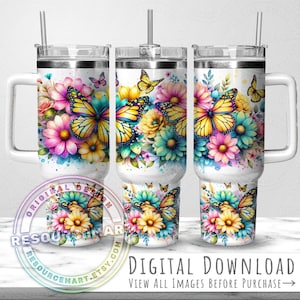 Watercolor Monarch Butterfly Seamless 40oz Tumbler Wrap Design, 40 ounce stanley quencher sublimation template, 40 oz summer floral cup png
