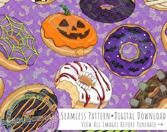 Halloween Donuts Seamless Pattern, spooky sweets on purple background seamless file, jack o lantern mummy bats vampire & witch digital paper