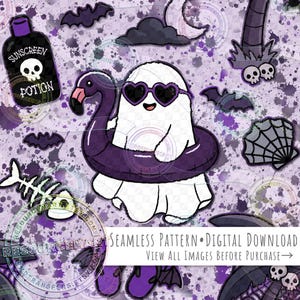 不気味な夏の幽霊シームレスパターン、ゴシック調の幽霊の出るビーチのデジタルペーパー（布地や工芸品用）