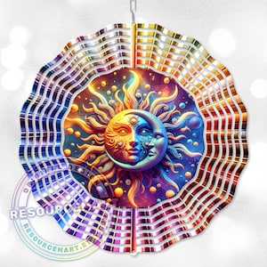 3d Celestial Wind Spinner Sublimation Design, digital download, 10 inch png, sun & moon colorful astrology outdoor garden yard decor