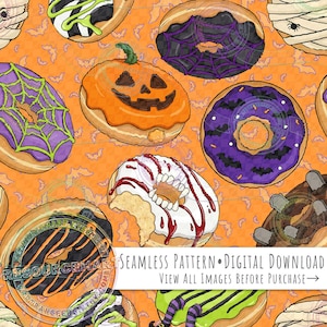 Halloween Donuts Seamless Pattern, spooky sweets on orange background seamless file, jack o lantern mummy bats vampire & witch digital paper