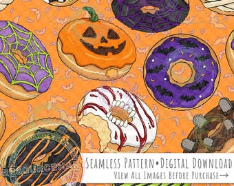 Halloween Donuts Seamless Pattern, spooky sweets on orange background seamless file, jack o lantern mummy bats vampire & witch digital paper