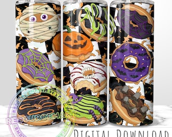 Halloween Donuts 20oz Tumbler Wrap Design, 20 ounce retro checker background, jack o lantern mummy bats & witch sublimation cup