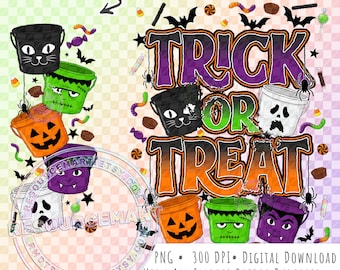 Halloween Trick or Treat PNG Design, spooky horror retro candy pails buckets graphic for sublimation t-shirt tee shirt with matching sleeve