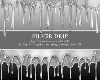 Silver Drip Clipart Transparent PNG, luxe luxury metallic glittery glam borders, bling clip art graphics for social media websites marketing