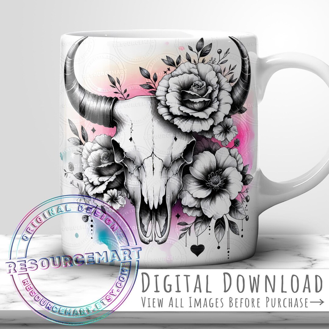 Pastel Floral Bull Skull Mug Wrap Design, 11oz 12 Oz & 15 Ounce ...